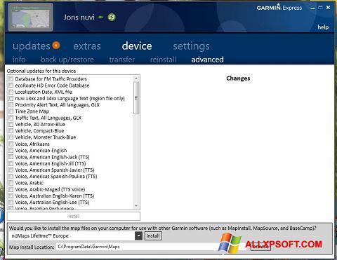 Ekran görüntüsü Garmin Express Windows XP
