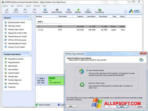 Ekran görüntüsü AOMEI Partition Assistant Windows XP