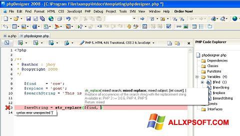 Ekran görüntüsü phpDesigner Windows XP
