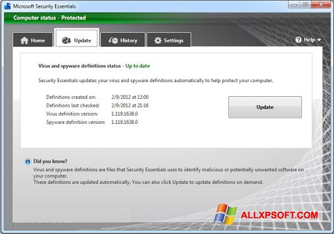 Ekran görüntüsü Microsoft Security Essentials Windows XP